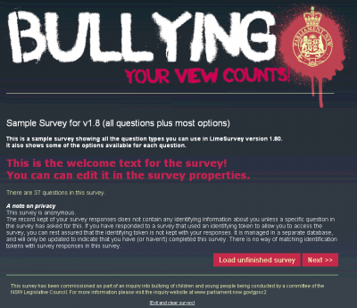 link:"hhttp://manual.limesurvey.org/images/e/ed/Bullying_welcome.png"